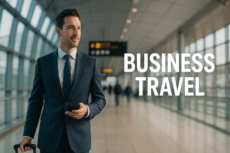Businessman in a navy blue suit walking through a modern airport terminal, holding a smartphone and rolling a suitcase, with blurred passengers in the background and bold white text reading "BUSINESS TRAVEL" on the right.