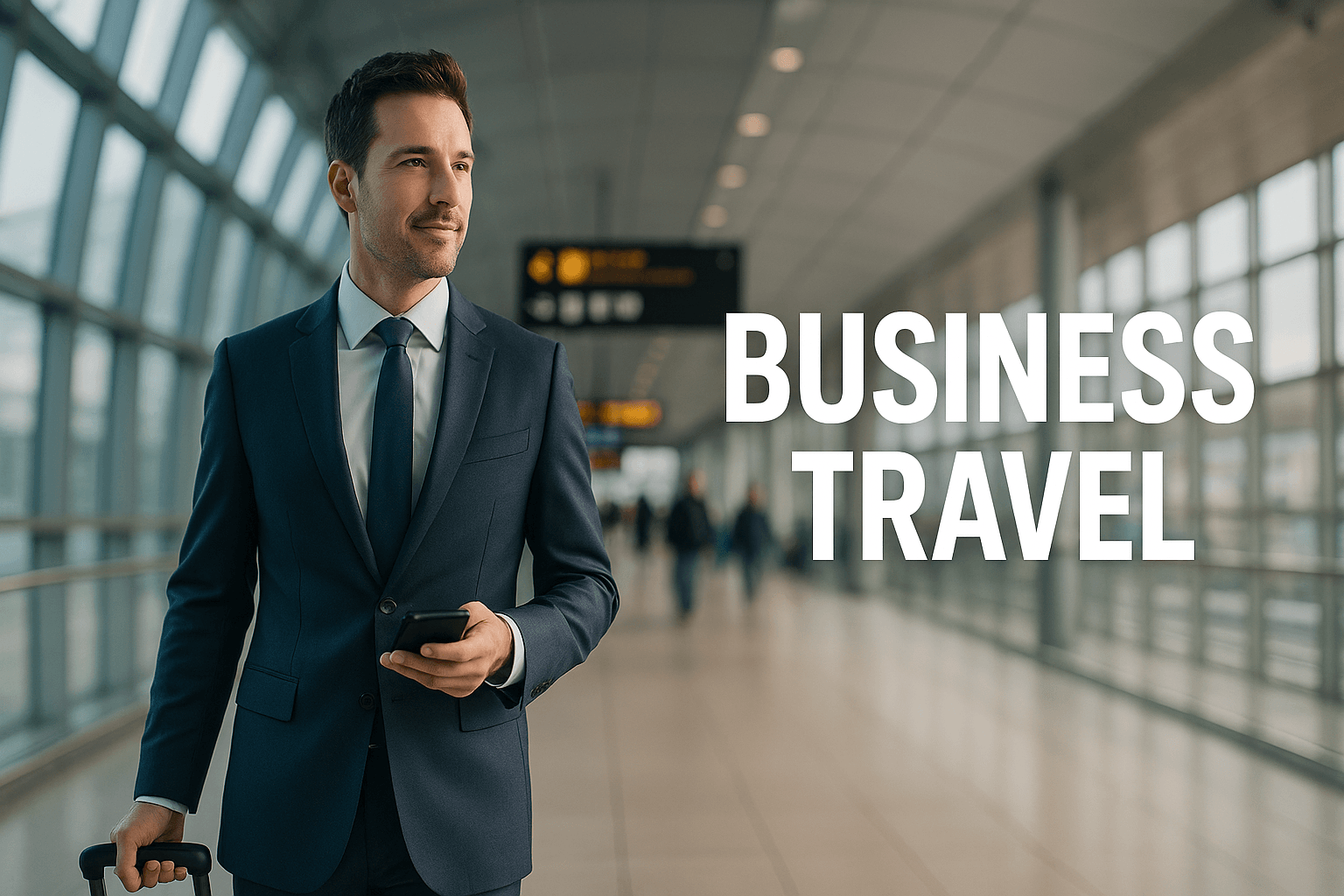 Businessman in a navy blue suit walking through a modern airport terminal, holding a smartphone and rolling a suitcase, with blurred passengers in the background and bold white text reading "BUSINESS TRAVEL" on the right.