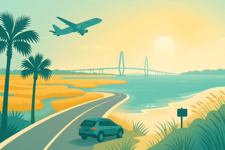 Coastal drive from Charleston Airport to Kiawah Island with plane, palms, marshes, bridge and beach at sunset.
