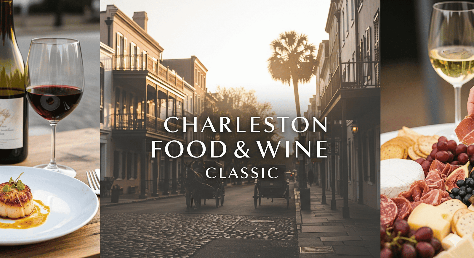 A collage featuring a glass of red wine and a seared scallop dish, a street scene in historic Charleston with horse-drawn carriages at sunset, and a charcuterie board with white wine, representing the Charleston Food & Wine Classic.