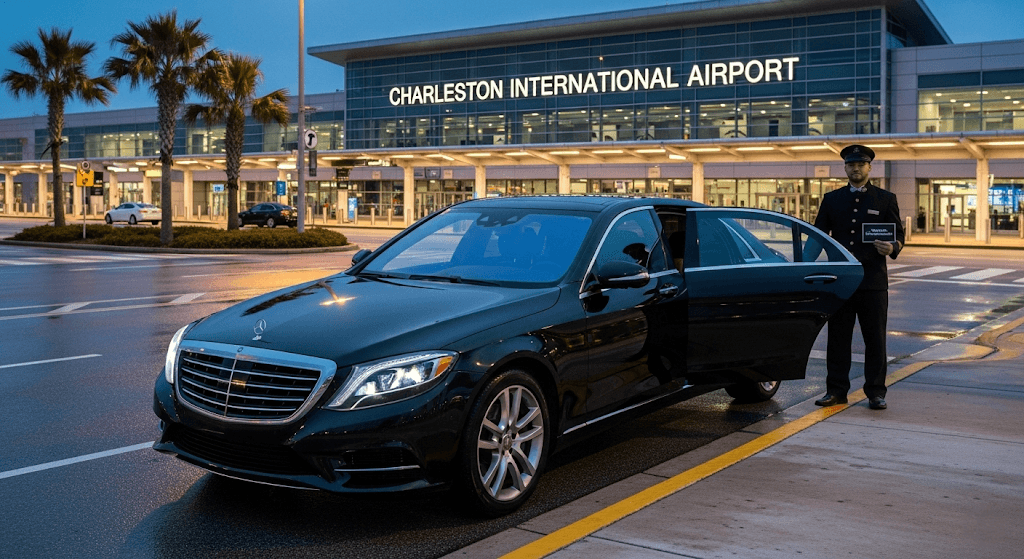 A professional chauffeur in uniform stands by a luxury black sedan outside the Charleston International Airport terminal, waiting to welcome a passenger for their airport transfer.