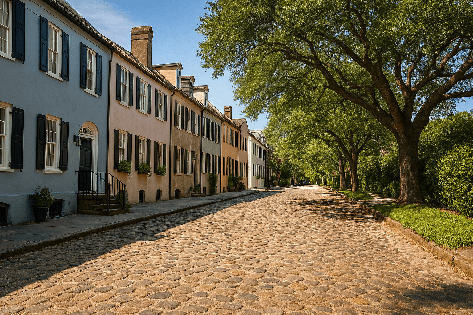 Sunlit cobblestone street in Charleston with pastel historic houses on one side and large oak trees casting shade on the other.