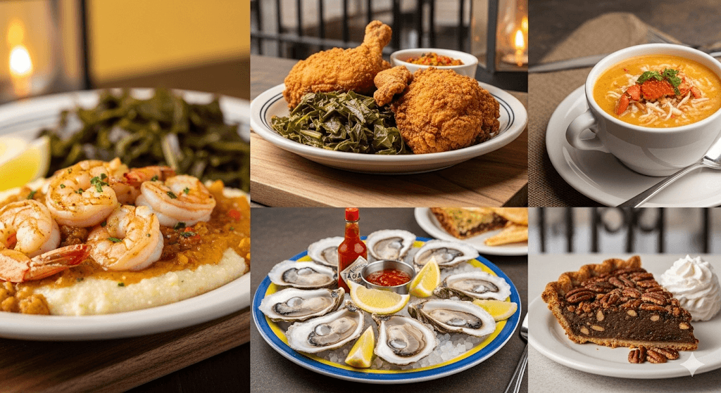 Spread of Charleston restaurant dishes including fried chicken, oysters, and seafood